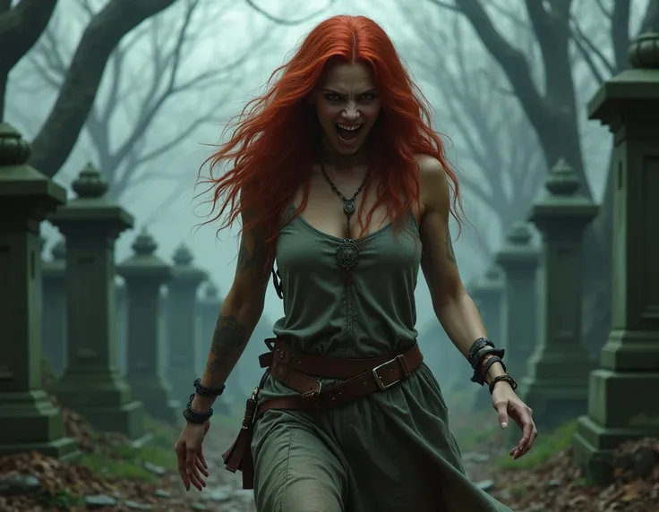  She looks fierce and features prominent teeth.Let him be red-haired , with wavy hair ,  tall and not so elegant dress ,  because she is walking near a cemetery  