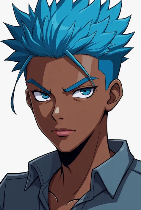 Create an 18-year-old black youth,  serious expression , blue hair,  anime style 