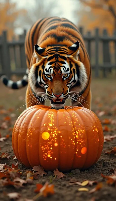 "Tiger aur ek bade pumpkin ka aamna-saamna ek gaon ke khet mein. Tiger ek saavdhan mudra mein hai, uski tez nazar pumpkin par tikki hui hai. Pumpkin bada aur jhal-mil roshni se sajaya gaya hai, jaise kisi ne us par intricate designs banaye ho. Peeche ka sc...