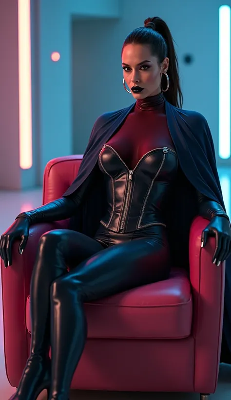 ANGELINA JOLIE, assise sur fauteuil latex rose jambes droites latex, brilliant, futuristic, chemise latex t-shirt latex marron rouge foncé,  dark red brown latex turtleneck , t-shirt zippé latex marron rouge foncé, cape latex bleu marine, anneaux métalique...