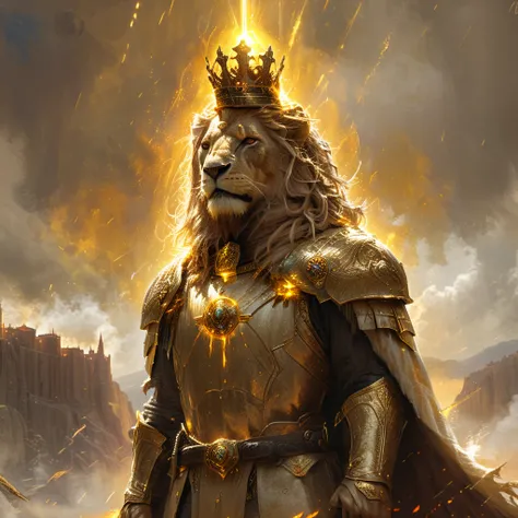 A heroic figure with a golden glow all around. His cloak resembles the suns rays, and the lion symbol is burning on his chest. A crown on the head that emits light. He stands on top of a cliff, watching the city below. Background: Bright sunlight breaking ...