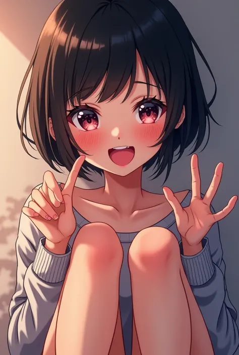 masterpiece, high quality, 4K, HDR,short stature, short legs, black hair, bob haircut, inserting foot fingersアニメ,  Seductive Smile , excited,  1 girl,  small breasts, 