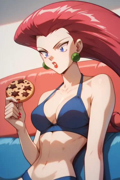 PMJessie Surprised, red hair, long hair, blue eyes, lipstick, Prominent Neck,  holding a cookies, indulging with cookies,  tall slim body shape, fair skin, wear a fabric bikini, lounging on the couch, a cookies every where,