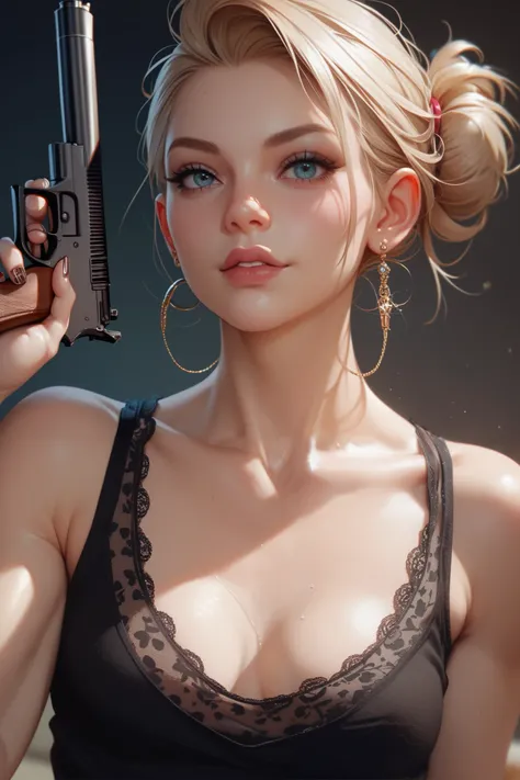 score_9, score_8_up, score_7_up, adult,

A close-up photograph of a 1 skinny girl holding a gun at shoulder level. The woman is dressed in a black lace tank top.
