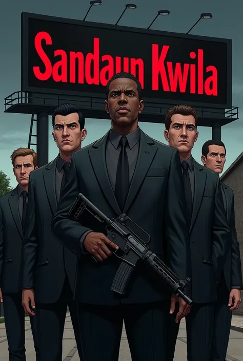 Group of men (black man) in black suits standing carrying guns the writing Sandaun Kwila as a bill board behind them ( make it dark and authentic) Anime type photo