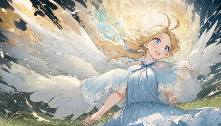 A fusion of oil and watercolor,  best quality, Super fine, 16k,  Incredibly Dumb ,  Very detailed, Delicate and dynamic,  cute woman, baby face, smile,  happy , shy, Blonde straight hair , Ahoge,  Angel Wings ,  poncho-like dress with white to light blue r...