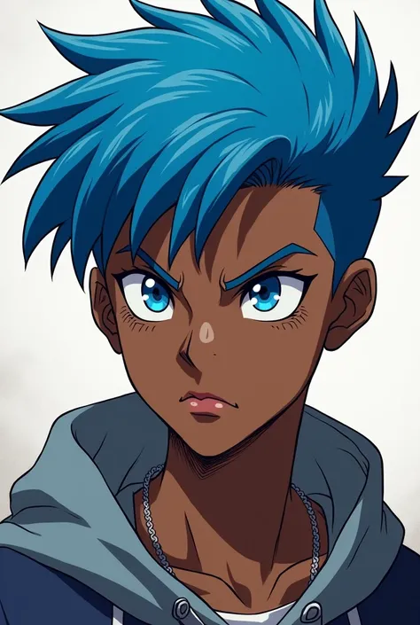 Create an 18-year-old black youth,  serious expression , blue hair,  anime style 