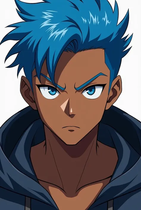 Create an 18-year-old black youth,  serious expression , blue hair,  anime style 