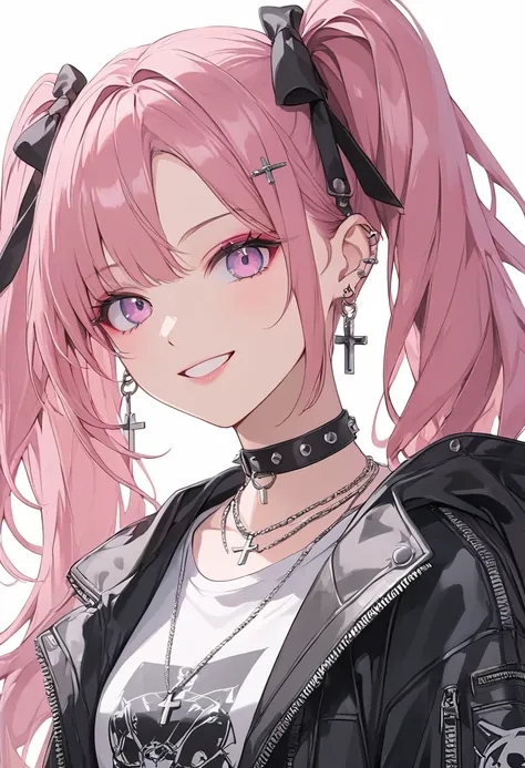 Animation, (( Amazingly strange )),Ultra High Definition , Attention to Detail, High Quality, High Definition, Top Quality, 4K, close-up, One Woman, Eyeshadow, Choker, Gal, , Beautiful Face, kind smile, Pink Hair, Twin Tail, Cross Necklace Woman alone, ear...