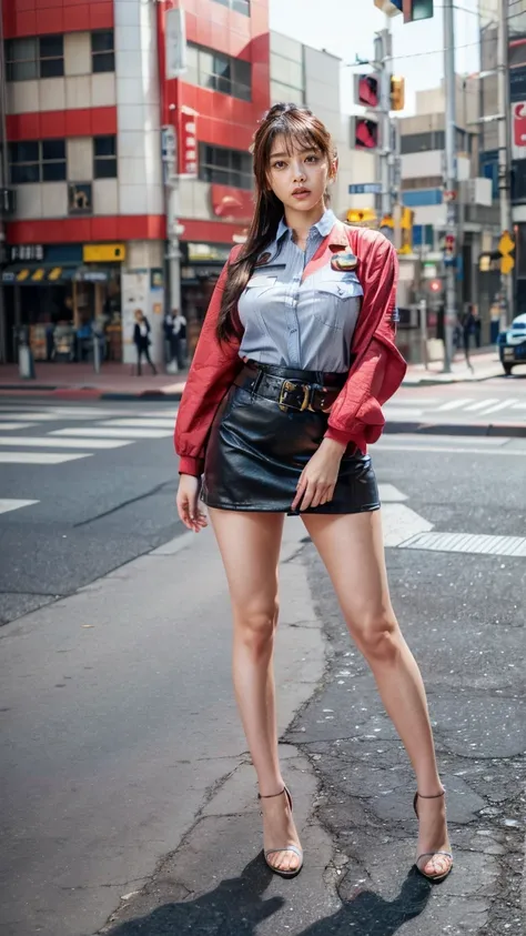 beautiful Japanese woman, 22 years old, perfect anatomy, healthy thighs, beautiful legs, beautiful skin, random hair color, random hairstyle, large breasts, female police officer, (Japanese police uniform:1.3), (miniskirt:1.3), full body shot, high heels, ...