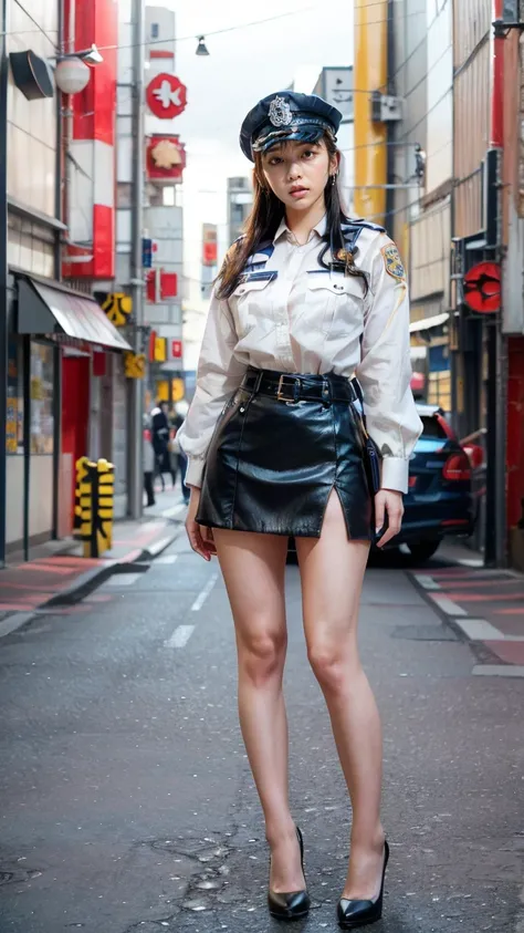 beautiful Japanese woman, 22 years old, perfect anatomy, healthy thighs, beautiful legs, beautiful skin, random hair color, random hairstyle, large breasts, female police officer, (Japanese police uniform:1.3), (miniskirt:1.3), full body shot, high heels, ...