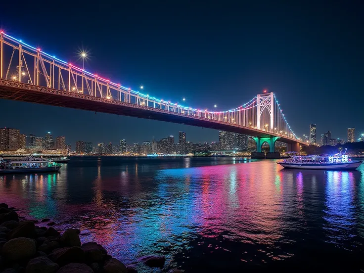  fishing bridge hanging over the port town at night 、 The entire bridge has been hologrammed and shines vaguely in rainbow colors、 fishing bridge lit up from the bottom of the pier 、 sightseeing boats come and go to see the fishing bridge 、 sightseeing boa...