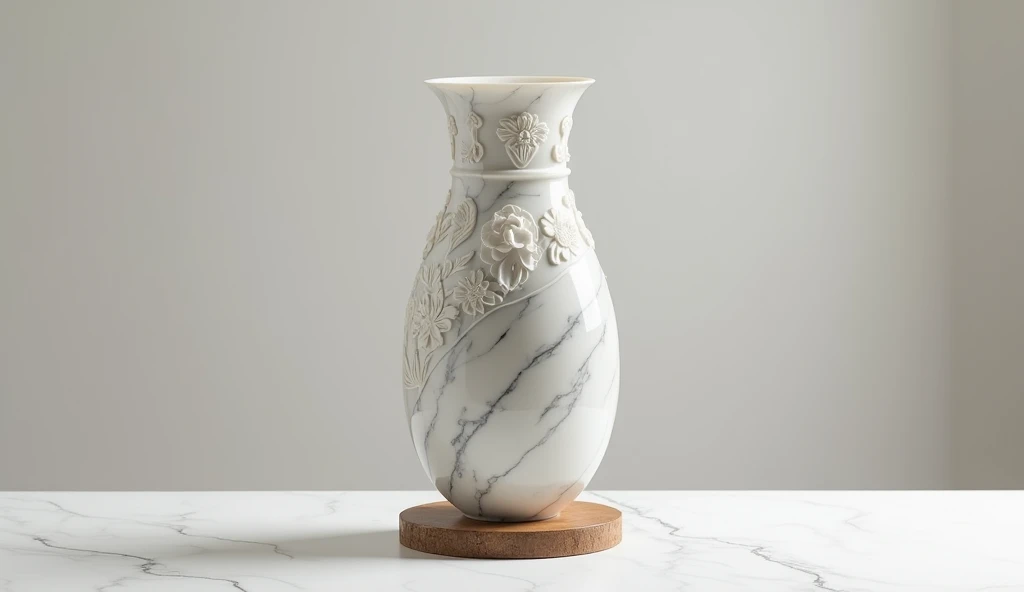 An impressive marble vase ,  hand-carved with intricate relief details ,  made of white marble with soft gray veins that run across its entire surface .  The design should convey elegance and superior craftsmanship ,  with soft curves and a polished finish...