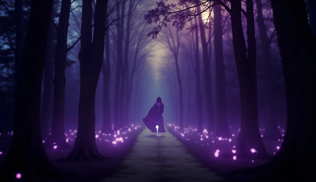 The scene begins with Callizto walking down a moonlit forest path,  Her black hair with purple highlights sways gently as fireflies and embers float around her, adding a dreamlike ambiance. The camera holds on her expression, ensuring sharp detail of her f...