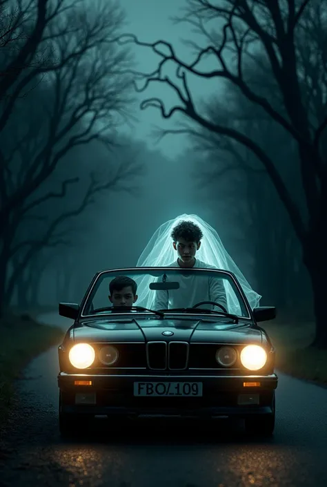 A  20 years old boy and a ghost driving a car through a scary road create like realistic and camera angle front