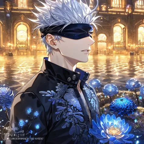 absurdres, highres, ultra detailed, HDR, master piece, best quality, extremely detailed, Gojou Satoru, white hair, blindfolded, Jujutsu Kaisen, solo, sexy man, handsome, zip-up black jacket, fantasy, water, sparkling, blue glittering fireflies, blue moon, ...