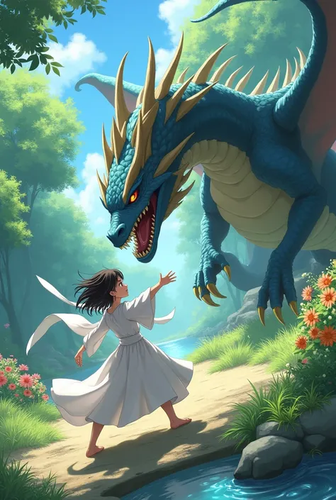 Anime character in white clothes fighting a medium-sized dragon near a garden 