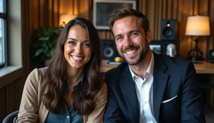 A man and a woman in a podcast room siting close to each other look front to camera.