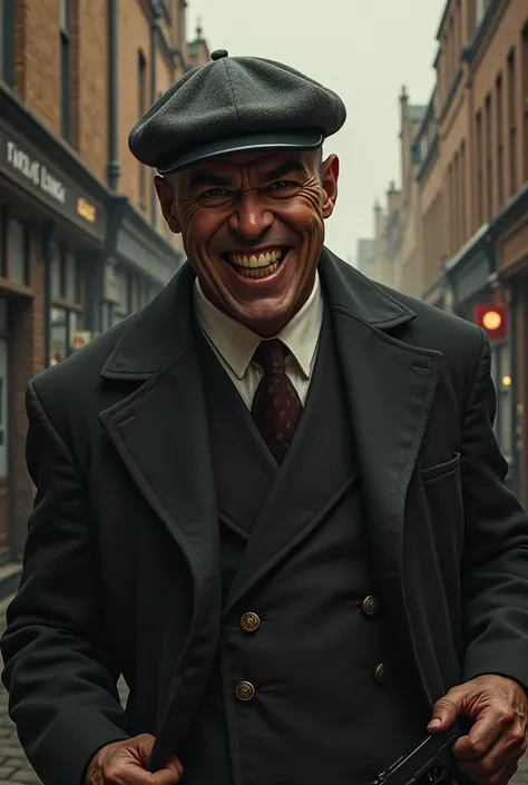 photo of (TCr3ws:1), a man as a Peaky blinder, (laughing with bare teeth:1.3), (face focus), modelshoot style, (extremely detailed CG unity 8k wallpaper), Intricate, High Detail, Sharp focus, dramatic, photorealistic painting art by midjourney and greg rut...