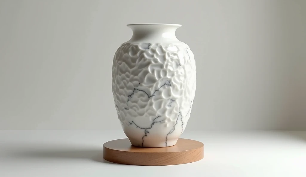 An impressive marble vase ,  hand-carved with intricate relief details ,  made of white marble with soft gray veins that run across its entire surface .  The design should convey elegance and superior craftsmanship ,  with soft curves and a polished finish...