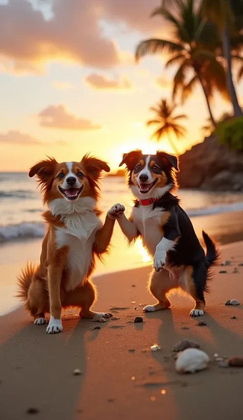 " Two lively and happy dogs ,  a brown coat And white and the other with black and gold fur,  dancing together on the beach at sunset .  They are in a fun position , with their paws raised ,  as if they were doing dance steps ,  while the golden sand shine...