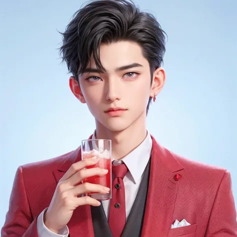 Handsome half European Chinese boy, gray eyes, short hair, black hair, wearing red CEO suit, holding a bar drink glass, poker face, light blue background, manly