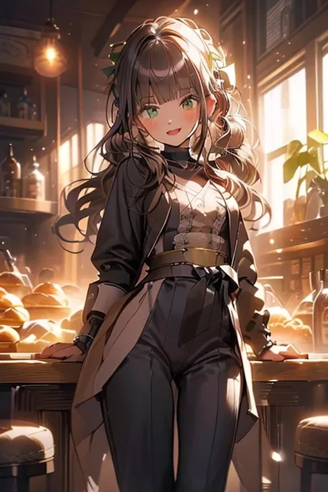 (perky chest:1.2), (pointed chest:1.2),(((Black Tunic:1.3))),(((cakes and bread in the basket),Cute and beautiful girl,(masterpiece), 1girl, solo, adult female, perfect adult female body, (sexy and seductive pose:1.3), bar interior at night, countertop, pl...