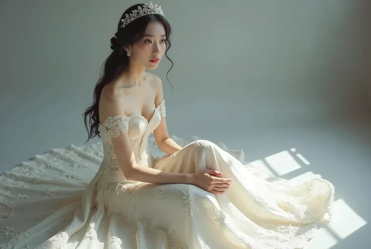 A hyper-artistic, photorealistic full body tilt up angle shoot of a stunning cute japanese girl bride sitting on the floor wearing a meticulously designed, sophisticated tiara and bridal gown adorned with intricate lace and elegant embroidery. The dress fl...