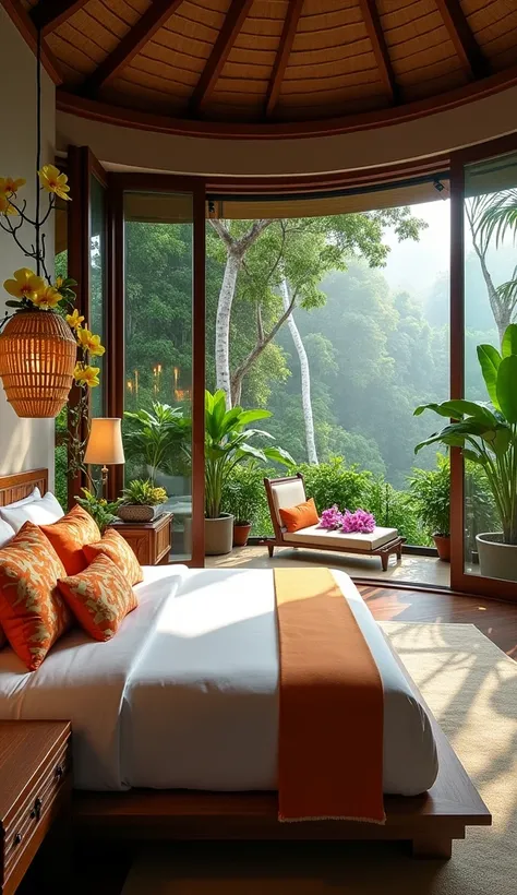 This expansive resort suite is filled with tropical flora. Butter orchids in shades of yellow and orange sit on raw wood bedside tables, their sweet scent mingling with the scent of frangipani flowers clustered near the entrance. Delicate vines with purple...