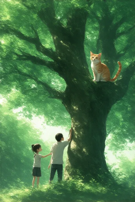 you have to show that the father and girl together are rescuing the cat from tree" please make the cat orange