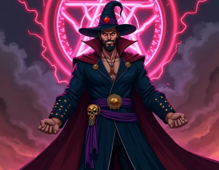 2d marvel comic artstyle! dr strange as a wicked wizard, evil smile, thick crooked eyebrows, emerald green skinned, red eyes, tall, american, handsome, muscular, black dr strange stubble, short black neat dr strange hair, he is wearing tall black crooked w...