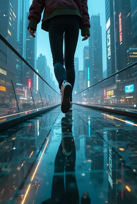  A persons feet seen in a tailspin ,  walking on a glass bridge ,  below you can see a modern cyberpunk-style city at night,Many details , 4k, amazing, large format 