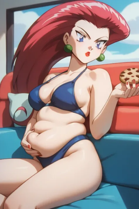 PMJessie Surprised, red hair, long hair, blue eyes, lipstick, Prominent Neck,  holding a cookies, indulging with cookies,  tall slim body shape, fair skin, chubby belly, one hand resting own belly, wear a fabric bikini, lounging on the couch, a cookie boxe...