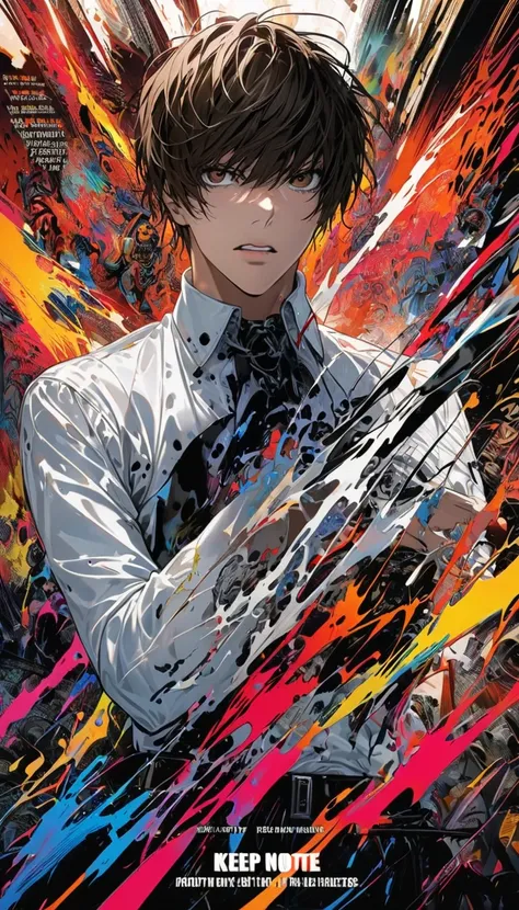 a handsome male model, ((((dramatic))), (((Gritty))), (((intense))) film poster featuring a young male spike brown hair,brown eyes, handsome look, looking same as light yagami from death note as the central character. He stands confidently in the center of...