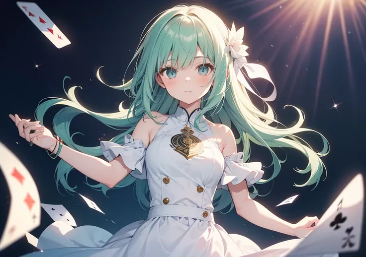 A beautiful girl with the Ace emblem on her back. Her mint green hair flutters in the wind, and she is wearing a simple, pure white dress. In the background, a giant Ace playing card shines in the air, and a ring of light spreads around it, giving off a sa...