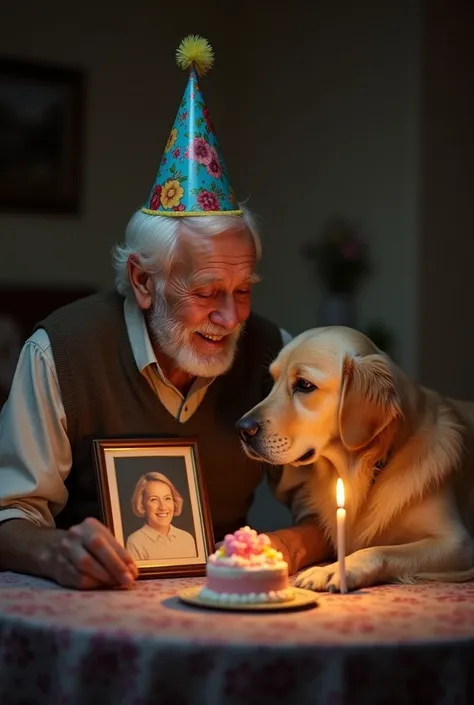 : "Create a poignant and realistic image of an elderly man sitting at a table, wearing a colorful party hat, with a small birthday cake and a framed photo of his late wife. He gazes at the photo with a faint, bittersweet smile, but the smile fades as tears...