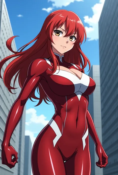  My Hero Academia style ,   anime girl , woman, young woman ,  full body shot ,( Fighting Stance :1.3),Long Hair,  red hair,   brown eyes , hero suit, Full Body Suit,  red suit with white details, perfect anatomy,  enhanced abs , super detailed,(building:1...