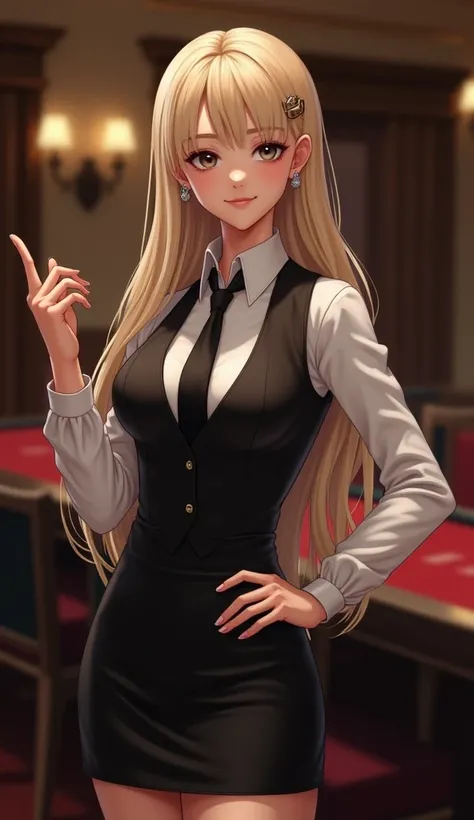  Casino Dealer (Masterpiece, Professional Lighting, Frontal Lighting, Extremely Detailed, Natural Soft Lighting, Slender Skin, Exquisite Face, Exquisite Eyes, Textured Skin,), (1 Girl, Casino Dealer), ((Full Body) )), young white girl, long blond hair, del...