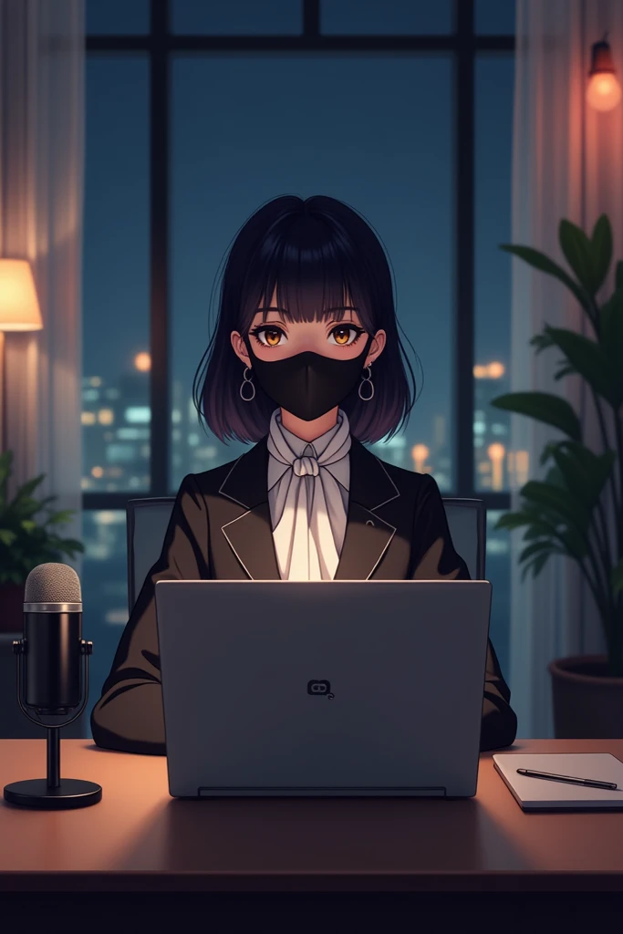 Create an anime-friendly looking female business character who appears elegant and smart.she has a good face and is wearing a black face mask and a White silk scarf. The character is sitting behind her laptop in her office, displaying the name Ayesha with ...