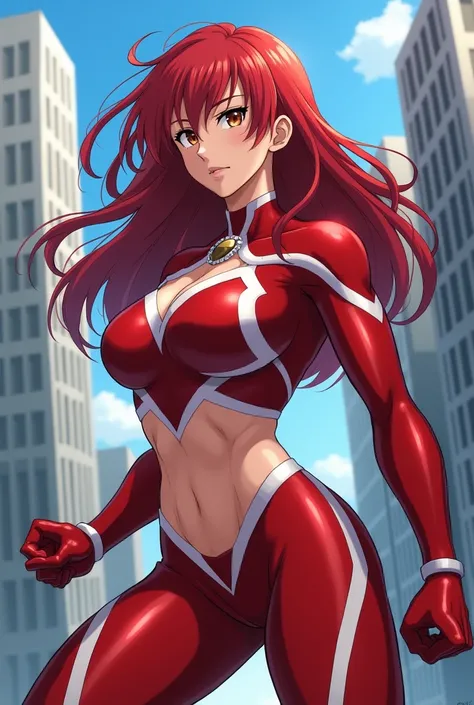  My Hero Academia style ,   anime girl , woman, young woman ,  full body shot ,( Fighting Stance :1.3),Long Hair,  red hair,   brown eyes , hero suit, Full Body Suit,  red suit with white details, perfect anatomy,  enhanced abs , super detailed,(building:1...