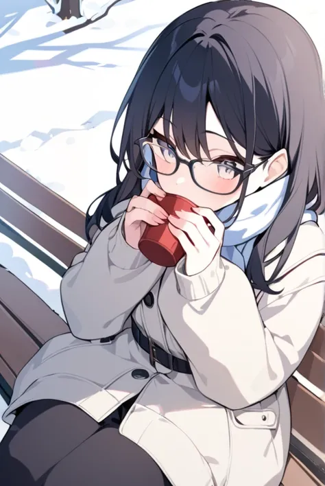 Black hair, glasses, winter clothes, winter park, bench in the park, woman taking a rest on the bench