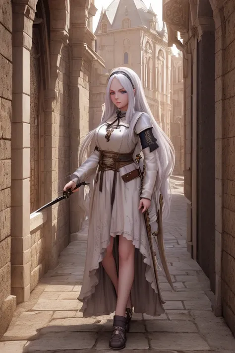 a beautiful young girl with long white hair, wearing a lolita-style hairband, blue eyes, and a casual hoodie, posing with a camera in an ancient street with a medieval warrior wielding a sword in the background, (best quality, 4k, 8k, highres, masterpiece:...