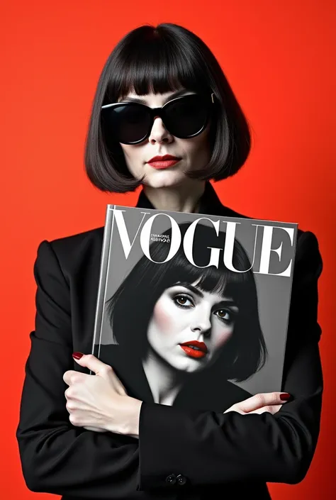 I want a creative fashion advertising poster in which Anna Wintour is holding a Vogue magazine with photo Leila Hatami on it.