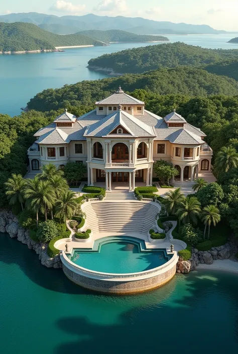 Create an image of the most luxurious and expensive home for the super-rich affluent people situated on the picturesque shores of Lake Lanao, a paradise-like setting. The design should exude opulence and extravagance, with sprawling grounds, stunning archi...