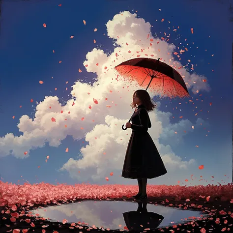 1girl(holding umbrella(transparent,mass amount of petals decorate umbrella)), mass amount of petals filling in the air. petals cover ground. minimalism, simplism