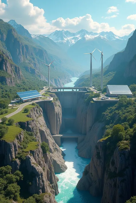  Create a hyperrealistic image containing hydroelectric energies, Solar, wind power and other renewables  