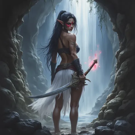 a highly detailed, photorealistic digital artwork depicting a female warrior in a fantastical, mythical setting. The central figure is a dark-skinned woman with pointed ears, indicative of an elf or similar fantasy race, standing in a dramatic, almost ethe...