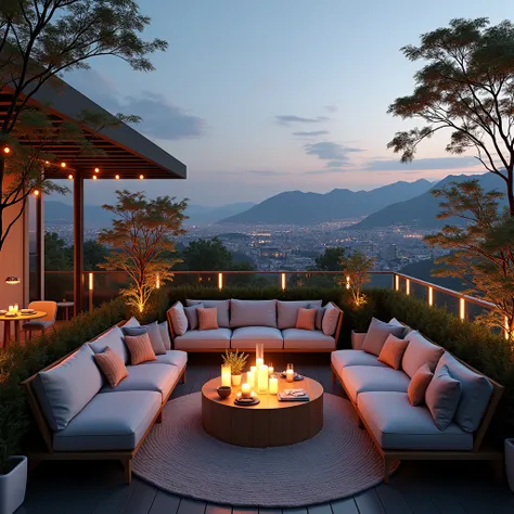 Stunning rooftop spaces with views of the surrounding scenery, cozy seating areas, and decorative lighting.