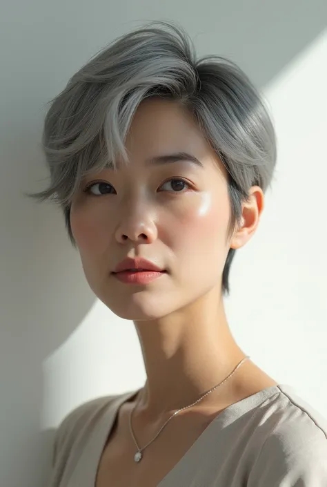  Japanese woman in perspective 、50 years old 、 trendy pixie cut style  。  cut so that the ears can be seen  、  neckline design  。  Slightly lengthens the top to add light movement  、  creates an overall three-dimensional effect  。 Her hair color is grayish...