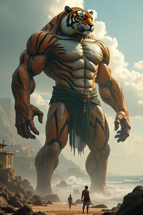 A towering humanoid with the head of a tiger, symbolizing India, towers near a vibrant beach city. Its striped, rugged skin gleams under dramatic lighting, as people marvel at its awe-inspiring strength, the wind swirling around its powerful limbs."